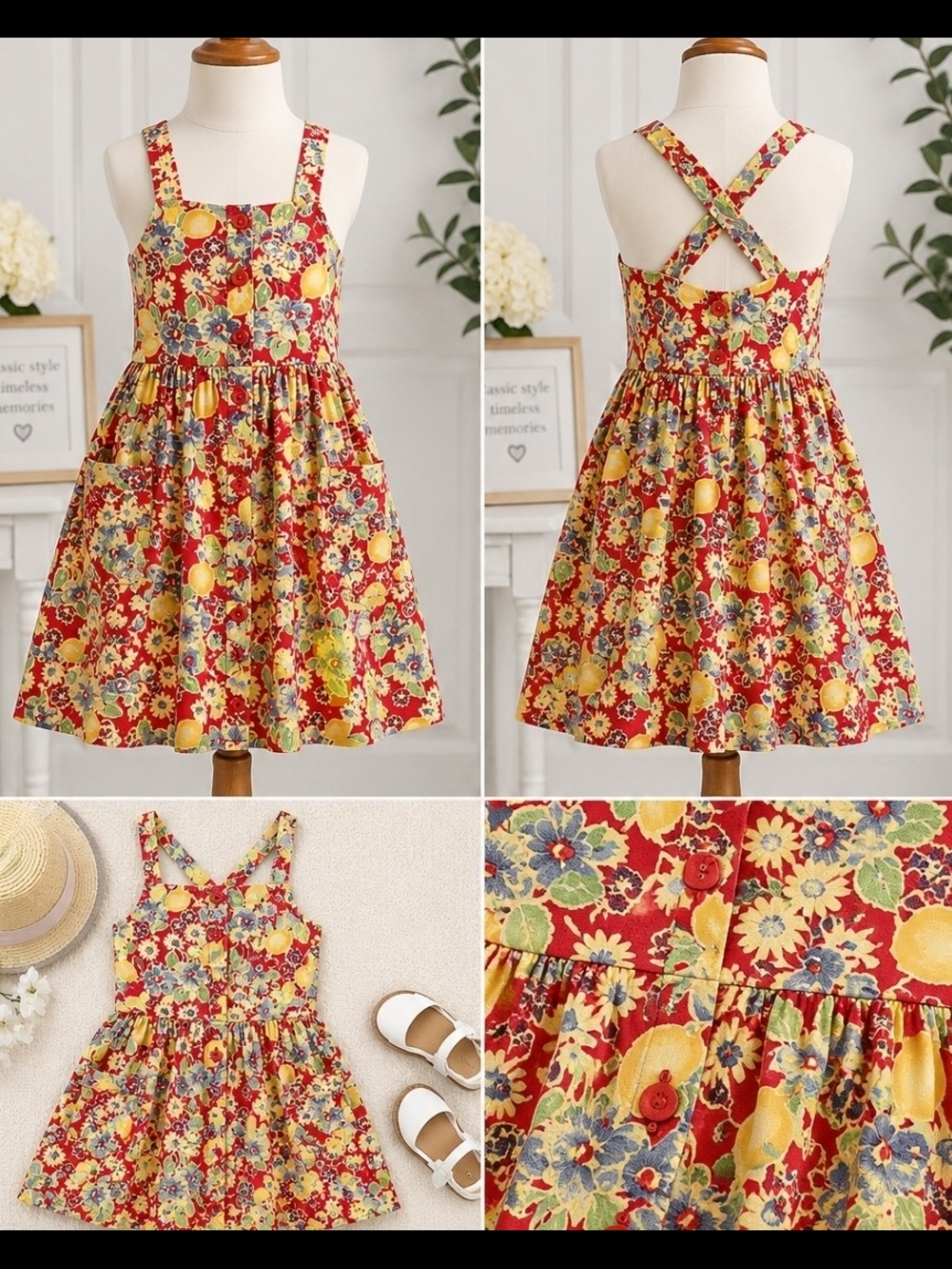 Polo Ralph Lauren Girls Lemon Floral Slub Cotton Dress
